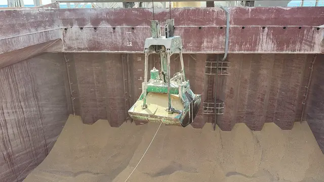 Grab landing on bulk cargo in the hold
