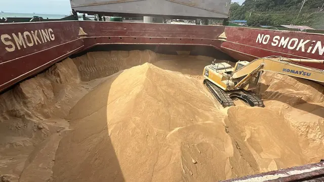 Excavator trimming bulk cargo inside the hold