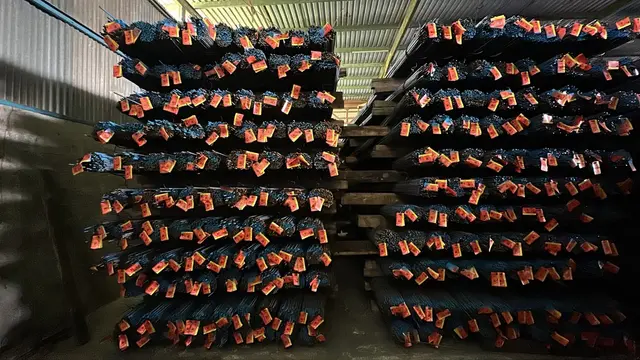 Tagged rebar bundles stored in a warehouse