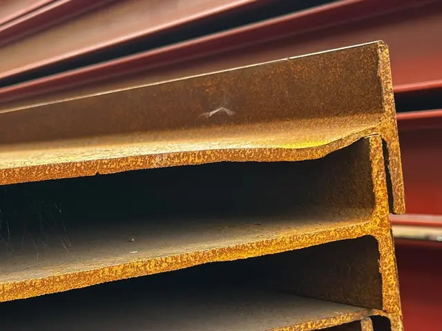 Close-up of surface rust on steel beam flanges