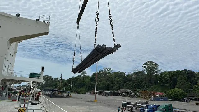 Steel bars lifted from the vessel, with trees behind the port