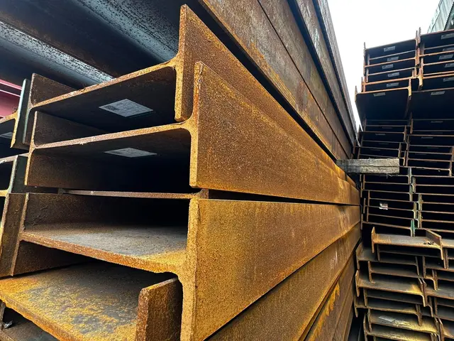 Close-up of stacked steel beams