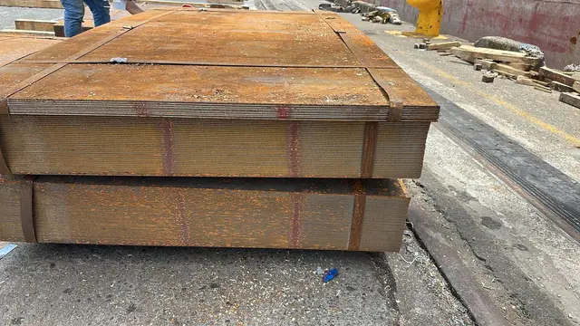Stacked steel plates on the dock